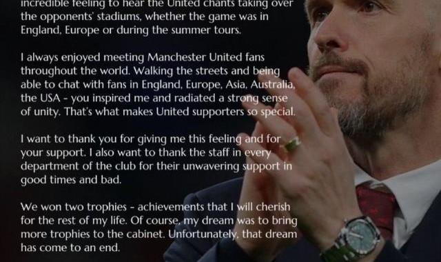 滕哈赫感谢曼联球迷：祝你们未来充满奖杯和荣耀